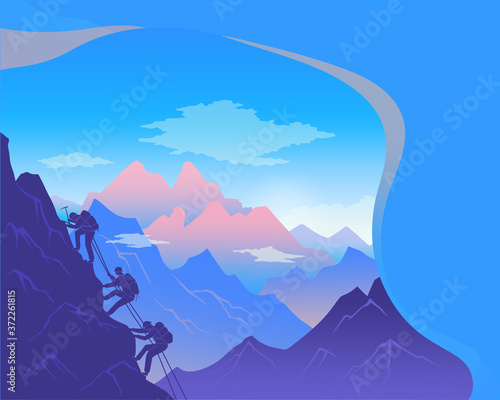 Climbing on mountain. Silhouette traveling people. Vector illustration hiking and climbing team. Squad of three mountaineer alpinists with backpacks climb the slope of the mountain with a taut rope