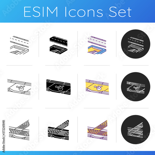 Disabled pedestrian facilities icons set. Safe pedestrian crosswalk. Tenji blocks. Curb cut. Access between street and sidewalk. Linear, black and RGB color styles. Isolated vector illustrations