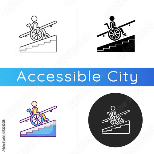 Step free access icon. Wheelchairs and strollers access. Avoiding stairs. Accessible transportation. City infrastructure. Linear black and RGB color styles. Isolated vector illustrations