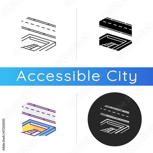 Underground pedestrian walkway icon. Safe pedestrian crosswalk. Underground tunnels. Modern city infrastructure. Linear black and RGB color styles. Isolated vector illustrations