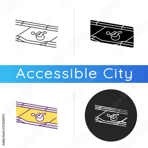 Dropped kerb icon. Curb cut. Access between street and sidewalk. Wheelchair users. Driveway. Modern city infrastructure. Linear black and RGB color styles. Isolated vector illustrations