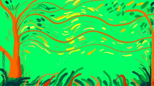 Orange trees on green background with wavy brunches