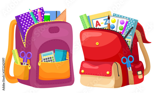 Colored school backpack. Education and study back to school, schoolbag luggage, rucksack vector illustration. Kids school bag with education equipment. Backpacks with study supplies. Student satchels