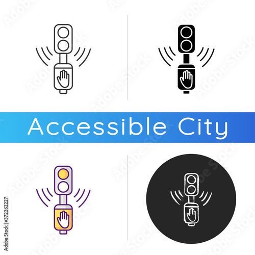 Acoustic traffic lights signals icon. Audible traffic signal for blind pedestrians. LED crosswalk light. City infrastructure. Linear black and RGB color styles. Isolated vector illustrations