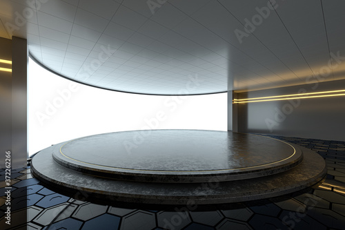 Empty room with round stage in the center, 3d rendering.