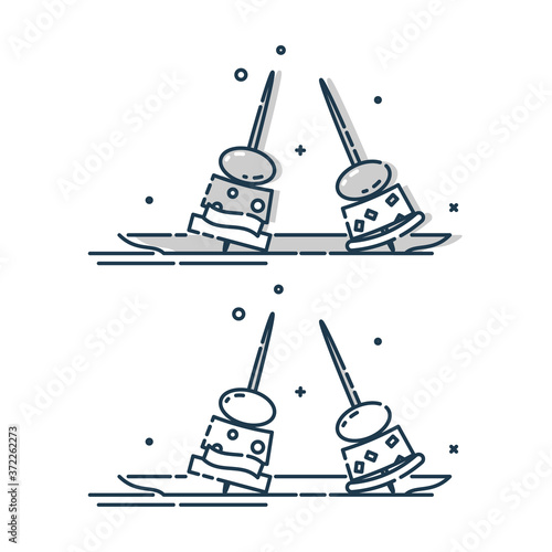 Flat illustration of two canapes in plate on white background. Meat, cheese, olive, bread. Spanish tapas. Mix food. Traditional element holiday party decoration. Restaurant food with wooden stick