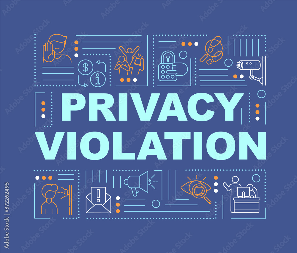 Naklejka premium Privacy violation word concepts banner. Human freedoms. Surveillance. Private space. Infographics with linear icons on pink background. Isolated typography. Vector outline RGB color illustration