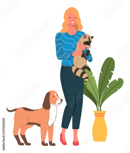 Portrait of young smiling woman with cute raccoon in hands and a dog. Cartoon female character happy mistress with domestic animals. Cheerful girl carries her little pet standing on white background
