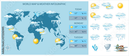 Vector world map and weather infographic. Icons and worldmap silhouette