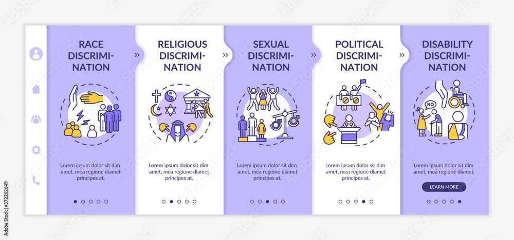 Discrimination types onboarding vector template. Racial and religious prejudice. Civil rights. Responsive mobile website with icons. Webpage walkthrough step screens. RGB color concept