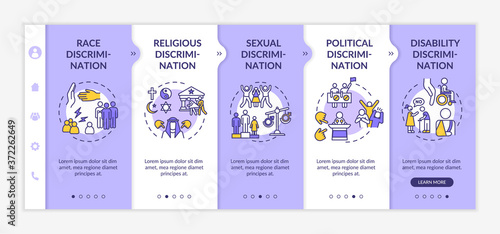 Discrimination types onboarding vector template. Racial and religious prejudice. Civil rights. Responsive mobile website with icons. Webpage walkthrough step screens. RGB color concept