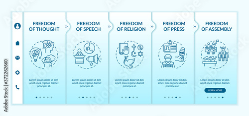 Basic human freedoms onboarding vector template. Freedom of thought and speech. Human rights. Responsive mobile website with icons. Webpage walkthrough step screens. RGB color concept