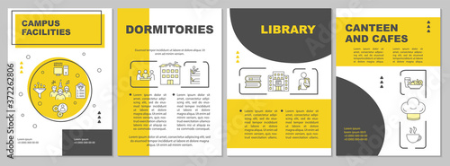 School facilities brochure template. University infrastructure. Flyer, booklet, leaflet print, cover design with linear icons. Vector layouts for magazines, annual reports, advertising posters