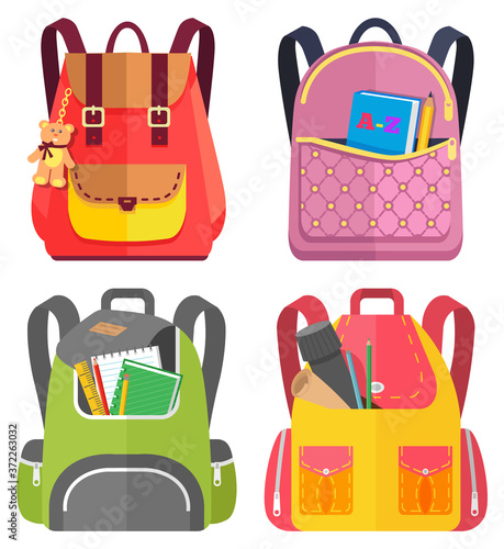 Colored school backpack. Education and study back to school, schoolbag luggage, rucksack vector illustration. Kids school bag with education equipment. Backpacks with study supplies. Student satchels