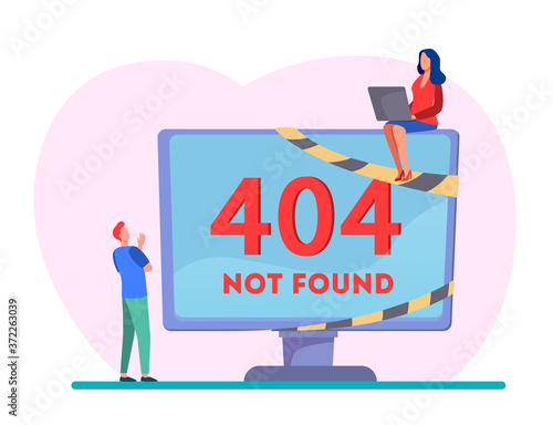 Tiny programmers working with system error. Computer, monitor, internet flat vector illustration. Programming, IT and digital technology concept for banner, website design or landing web page