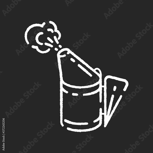 Bee smoker chalk white icon on black background. Apiarist tool for honeybees smoking, insects fumigation appliance. Professional beekeeping, apiculture. Isolated vector chalkboard illustration