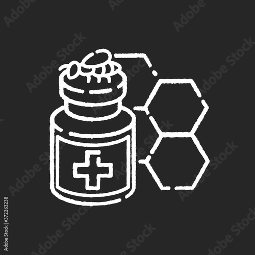 Apitherapy chalk white icon on black background. Organic propolis and honey based medications. Alternative medicine, healthcare. Natural medical products. Isolated vector chalkboard illustration