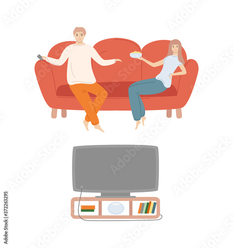 People at home vector, man and woman sitting on couch and watching movies, programs and channels, male and female eating snacks popcorn in bowl flat style