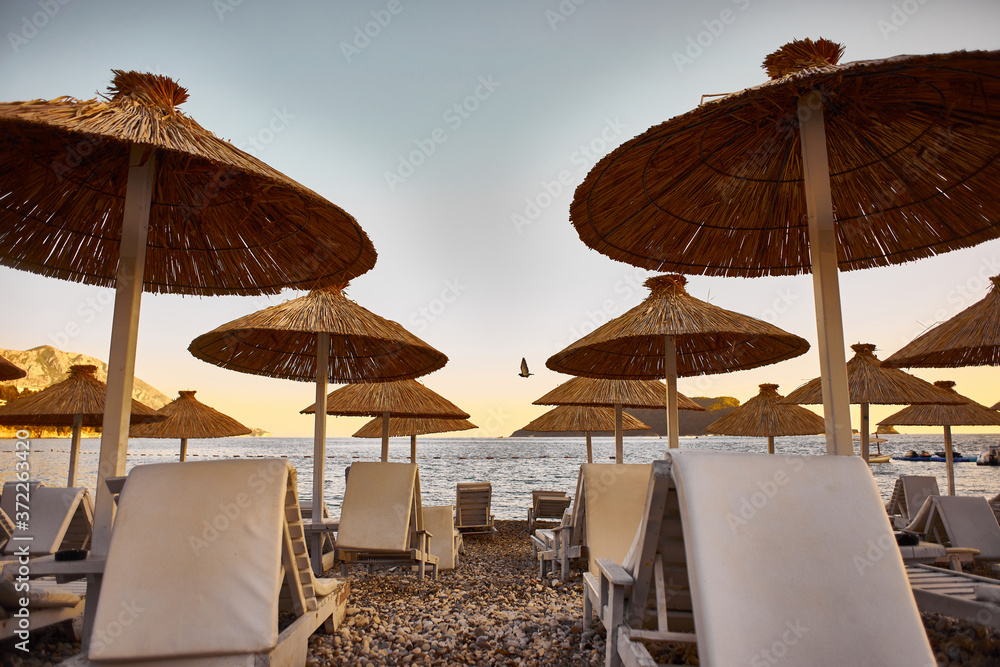 Marine background. Empty sea beach at sunset with sun loungers and straw umbrellas