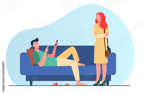 Man lying on sofa when woman standing and looking at him. Couch, laziness, wife flat vector illustration. Family and relationship concept for banner, website design or landing web page