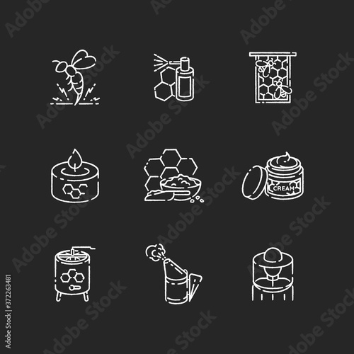 DIY beekeeping chalk white icons set on black background. Homemade apiculture. Natural honey making. Professional apiarist tools and organic bee products. Isolated vector chalkboard illustrations