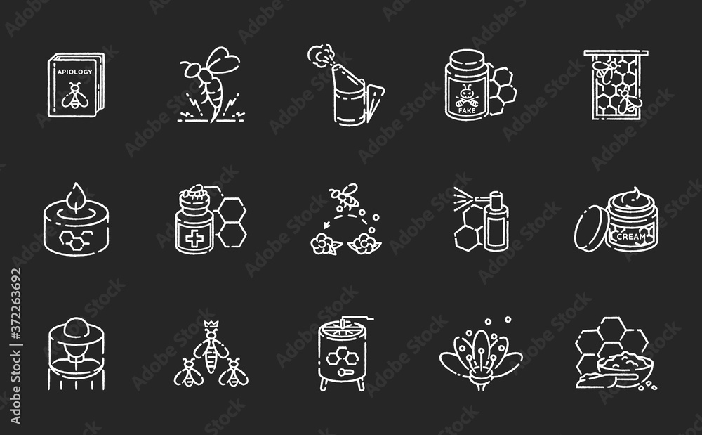 Beekeeping chalk white icons set on black background. Honey making business. Apiculture, apiology. Honeybees, apiary attributes and different bee products. Isolated vector chalkboard illustrationss