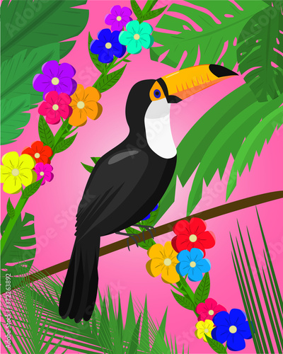 Tucán en la jungla. Tucan in the jungle. Beautiful exotic bird with flowers and leaves. Nature vector.
