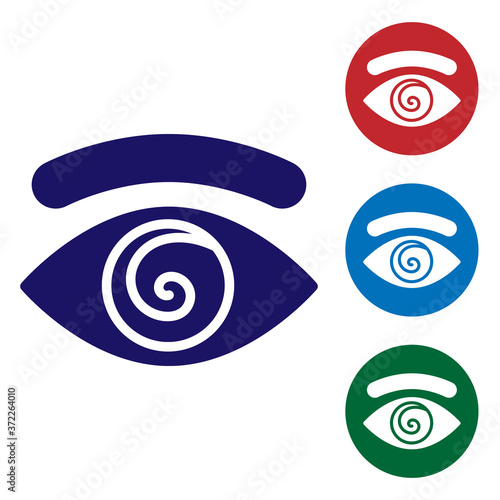 Blue Hypnosis icon isolated on white background. Human eye with spiral hypnotic iris. Set icons in color square buttons. Vector.