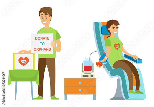 Woman transfusing blood, man volunteer donating to orphans, portrait view of people caring, healthcare and life-saving, supporter character vector