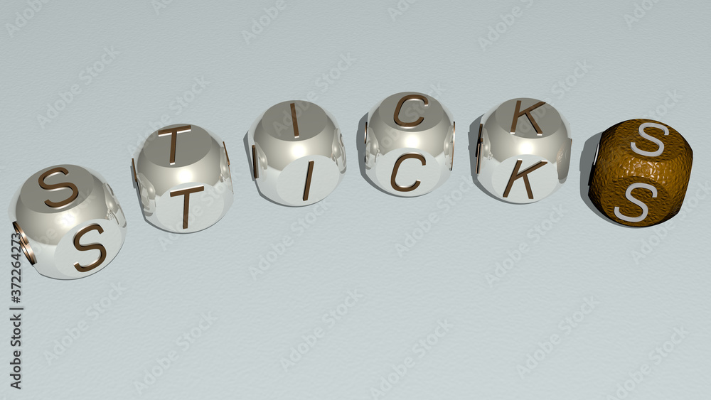 STICKS curved text of cubic dice letters, 3D illustration for background and cinnamon STICKS curved text of cubic dice letters, 3D illustration for background and cinnamon