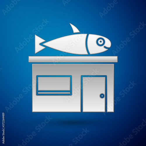 Silver Seafood store icon isolated on blue background. Facade of seafood market. Vector..