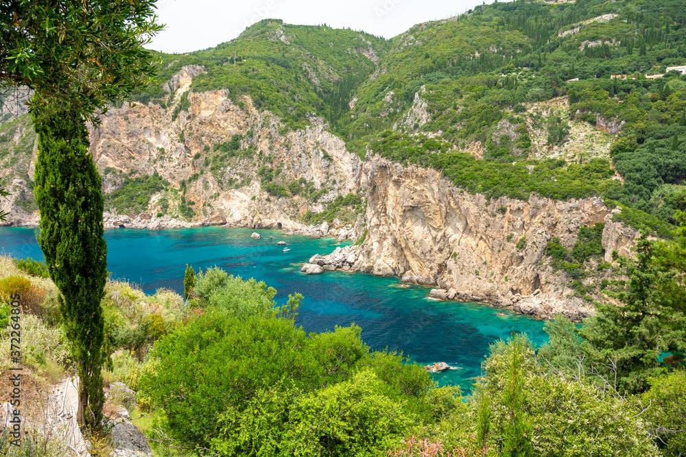 beautiful coast with azure bay in Paleokastritsa on Corfu island, Greece