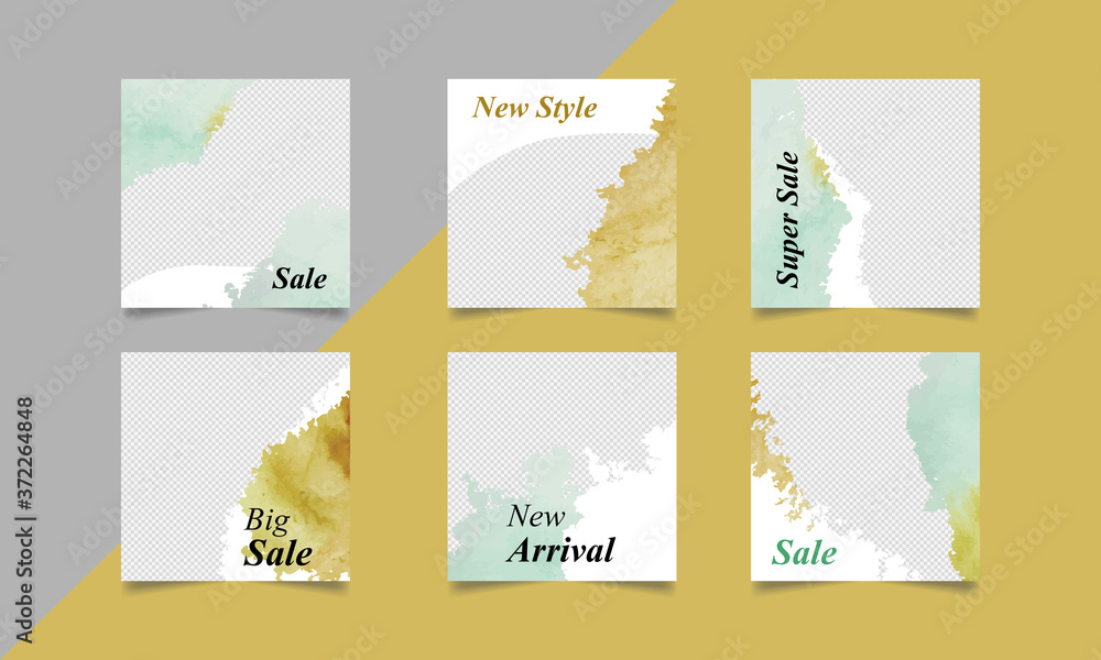 Vector set of of social media template in grey background. Square editable banner watercolor poster design. Great for digital marketing fashion sales and discount promotional project.