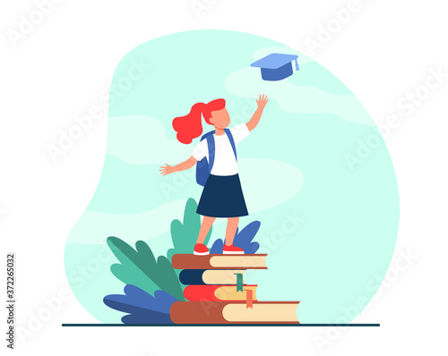 Little girl standing on pile of books. Study, school, pupil flat vector illustration. Education and knowledge concept for banner, website design or landing web page