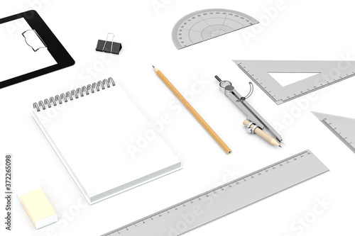 Various of stationery with white background, 3d rendering.