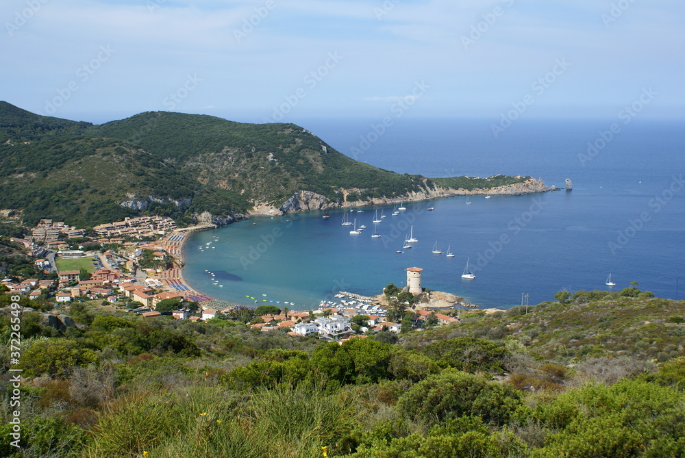 Giglio Island, Italy: panoramic view of the coastline and Campese Beach