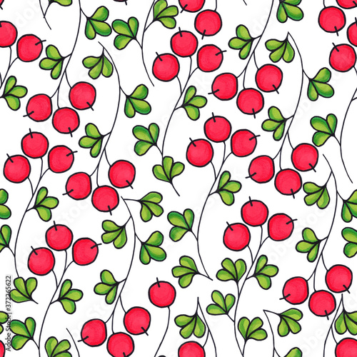 Bright seamless pattern with red berries and green leaves.