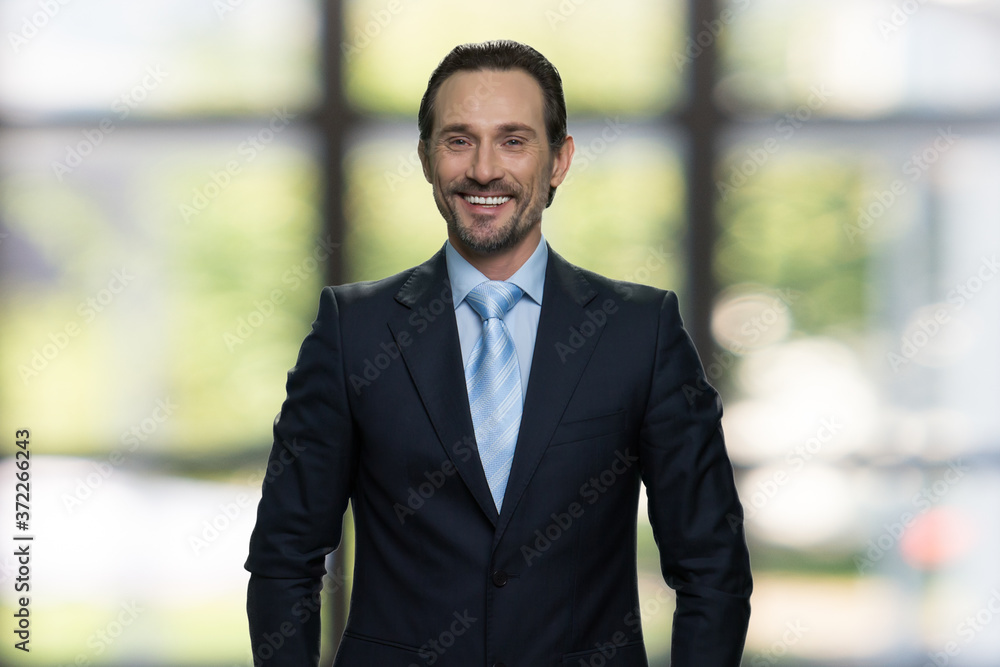 Cheerful caucasian businessman looking at camera. Portrait of handsome male executive on blur background of office window. Cheerful caucasian businessman looking at camera. Portrait of handsome male executive on blur background of office window.
