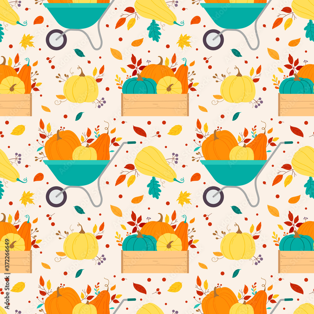 Seamless pattern with pumpkins and autumn leaves on a beige background. Seamless pattern with pumpkins and autumn leaves on a beige background.