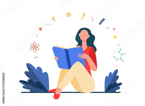 Female student sitting and reading book. Study, learning, girl flat vector illustration. Education and knowledge concept for banner, website design or landing web page