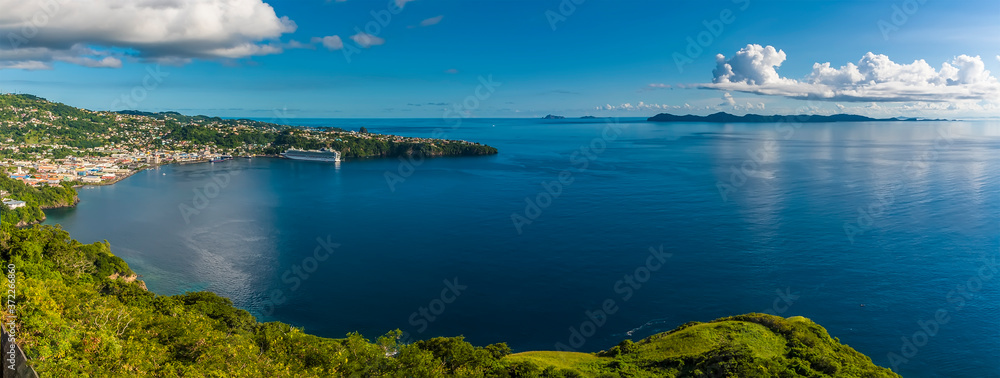 A panorama view of Kingstown bay and the island of Bequia from Fort Charlotte, Kingstown. Saint Vincent