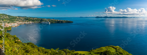 A panorama view of Kingstown bay and the island of Bequia from Fort Charlotte, Kingstown. Saint Vincent