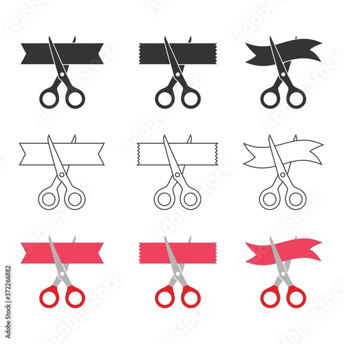 Scissors Cut The Ribbon Icon Set. Grand Opening Concept Symbol Design.