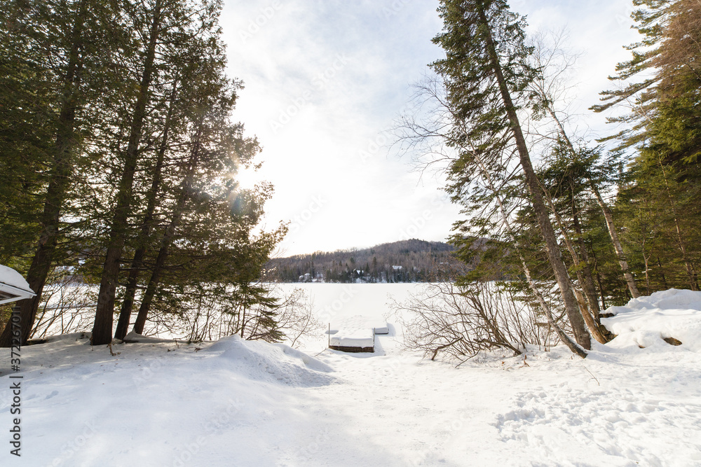 white scenery on the countryside next to a snow covered lake in winter