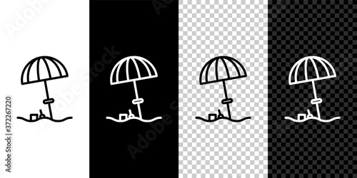 Set line Sun protective umbrella for beach icon isolated on black and white background. Large parasol for outdoor space. Beach umbrella. Vector Illustration.