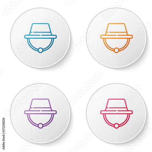 Color line Camping hat icon isolated on white background. Beach hat panama. Explorer travelers hat for hunting, hiking, tourism. Set icons in circle buttons. Vector Illustration.