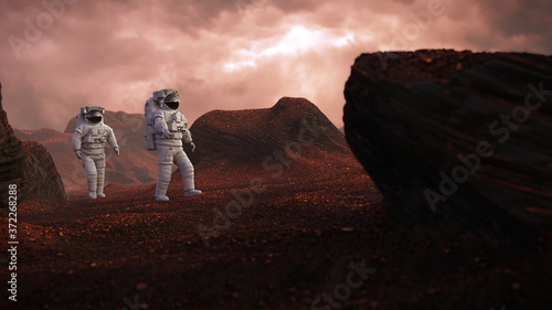 astronauts on Mars  space travelers exploring the landscape on the red planet