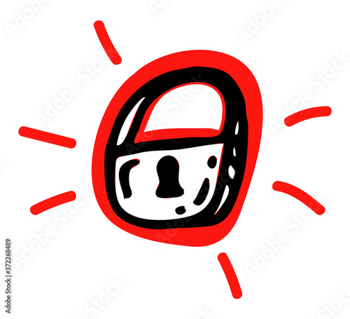 Padlock cartoon sign or symbol isolated at white background. Lock sticker in black color with red contour. Using in typography, polygraphy as logo or print. Hand drawn web emblem. Using in mobile apps