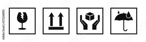 Fragile package signs set icons set vector