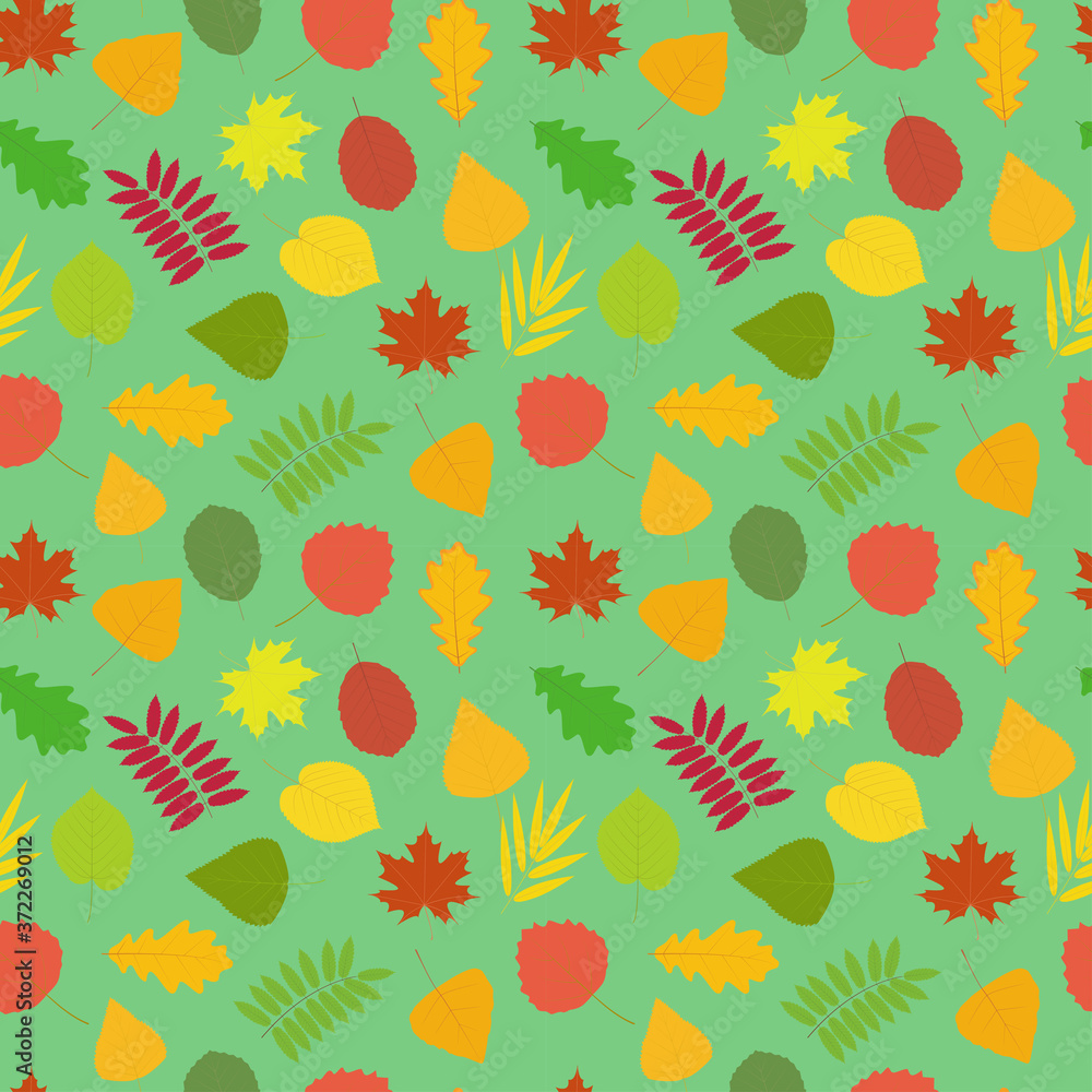 Tree leave. Seamless vector pattern on a green background. Autumn leave